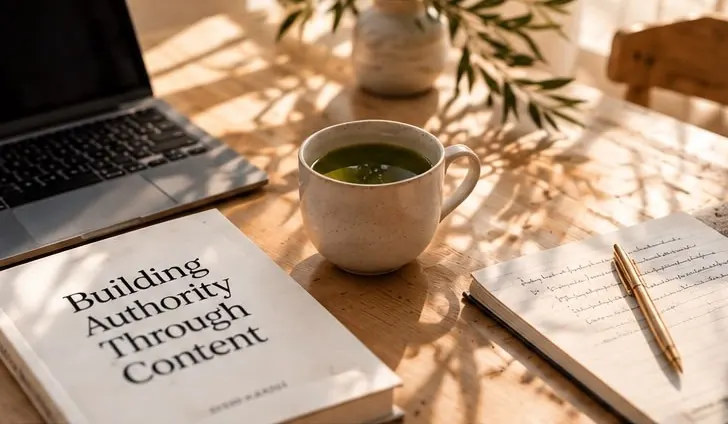 Thought leadership – desk with laptop and tea
