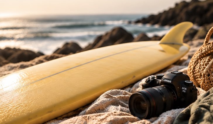 Visual storytelling – surfboard and camera on the beach